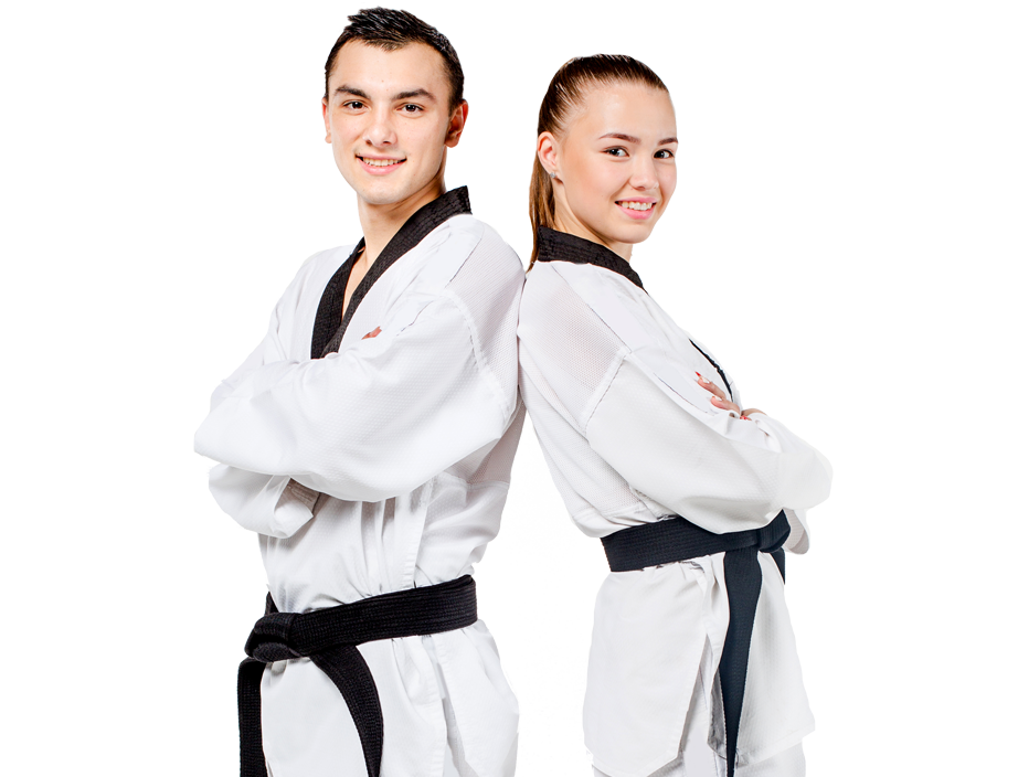 teenage boy and girl in karate uniforms